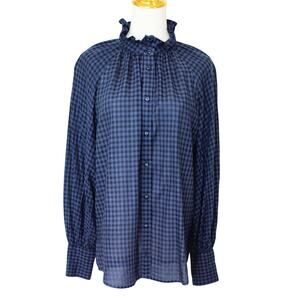 J. Crew Ruffle Neck Button up in Blue/Black Gingham Washed Soft Gauze Size 6